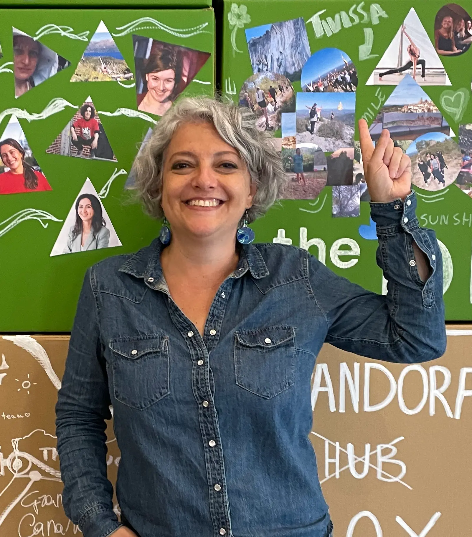 Eleonora Censorii, smiling and pointing upwards in front of a green travel photo collage.